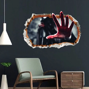 Sticker mural Halloween 3D avec main sanglante sortant d'une fissure dans le mur