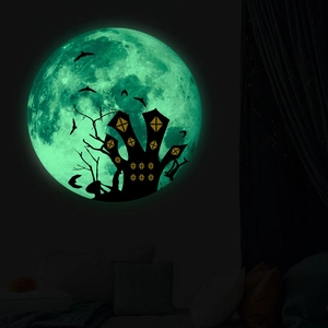 Sticker Mural Halloween Lune Lumineuse PVC Glow In The Dark Chauve Souris Château Décalcomanie pour Salon Chambre Décoration