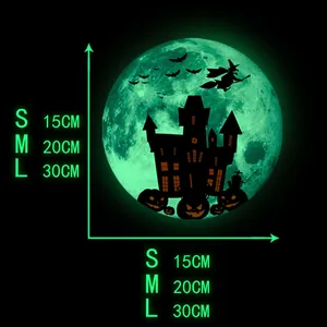 Size guide for luminous Halloween wall stickers showing diameters of 15cm, 20cm, and 30cm