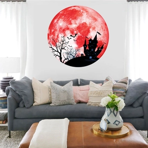 Gothic Halloween moon wall sticker featuring silhouettes of a castle, bats, and pumpkins