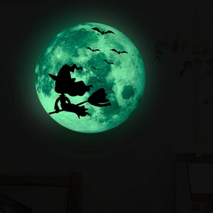 Luminous Halloween wall sticker featuring a glowing moon with witch and bats silhouette