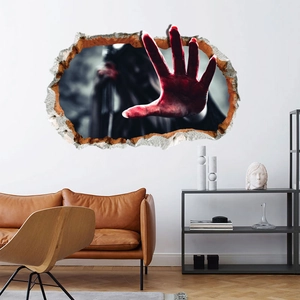 Sticker mural Halloween 3D mains ensanglantées sortant du mur dans un salon moderne