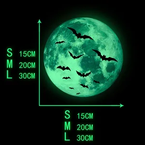 Size guide for luminous moon and bat Halloween wall stickers in small, medium, and large