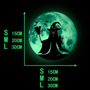 Size chart showing 15cm, 20cm, and 30cm diameters for luminous Halloween moon wall stickers