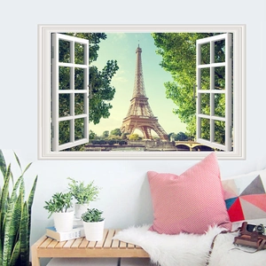 3D faux window wall sticker with Eiffel Tower landscape and white frame detail