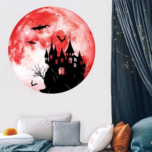 Luminous Halloween wall sticker featuring red moon, gothic castle, and bat silhouettes