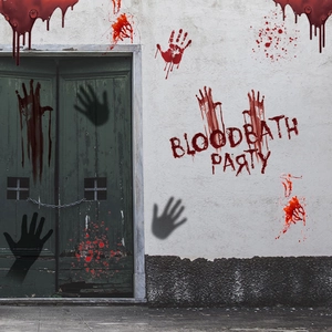 Halloween bloody handprint wall decals with Bloodbath Party text for spooky party decor