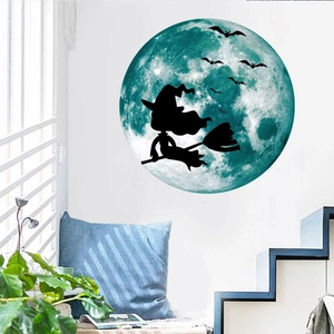 Luminous Halloween wall sticker featuring a glowing moon with a witch silhouette