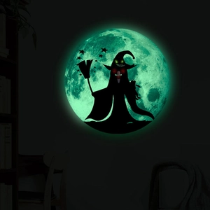 Glow-in-the-dark moon wall sticker featuring a black witch silhouette for Halloween