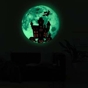 Luminous Halloween wall sticker with glowing moon, castle, and witch silhouettes