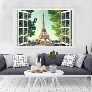 3D fake window wall sticker featuring the Eiffel Tower with a realistic white wood frame
