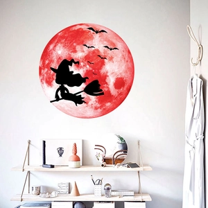Luminous Halloween wall sticker with red moon, witch silhouette and bats decoration