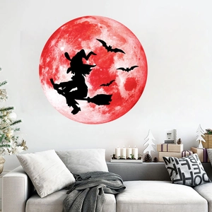 Luminous Halloween wall sticker featuring a red moon, witch silhouette, and flying bats