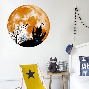 Luminous Halloween wall sticker featuring castle and bats silhouette on orange moon
