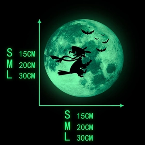 Three size options for luminous Halloween moon wall stickers showing S, M, and L diameters