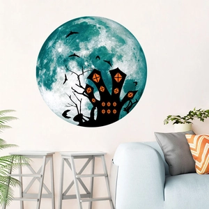 Sticker mural Halloween lumineux avec lune bleue, chauves-souris et château hanté