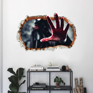 Sticker mural Halloween 3D main sanglante avec effet de mur brisé pour la décoration