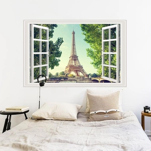 Detailed 3D wall sticker featuring a faux window view of the Eiffel Tower in Paris