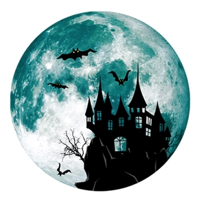 Detailed view of Halloween moon wall sticker featuring spooky castle and bats silhouette