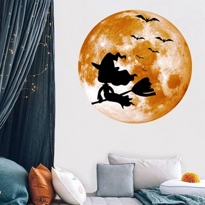 Luminous Halloween wall sticker featuring an orange moon, witch silhouette, and bats
