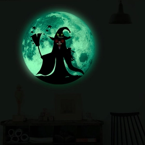 Luminous Halloween wall sticker featuring a glowing moon with a witch and stars silhouette