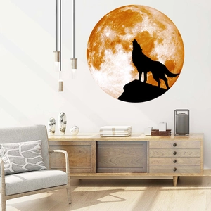 Luminous wall sticker featuring a howling wolf silhouette against a realistic orange moon