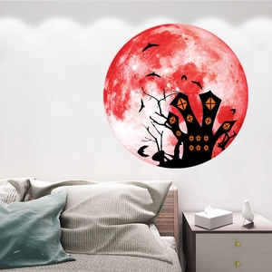 Sticker mural Halloween lumineux avec lune rouge et silhouettes de chauve-souris et château