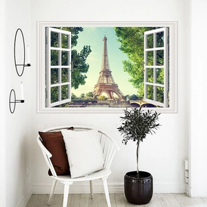 Detailed 3D wall sticker showing Eiffel Tower view through a white faux window frame