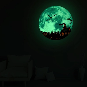 Luminous Halloween moon wall sticker featuring castle and bats silhouette in green glow