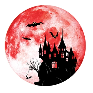 Detail of Halloween wall sticker featuring a red moon, castle silhouette, and bats