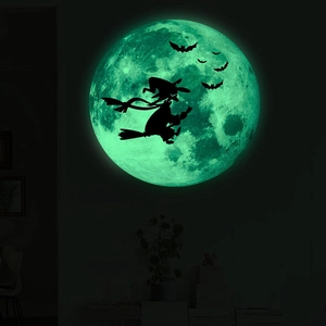 Luminous Halloween wall sticker featuring moon, flying witch and bats silhouette