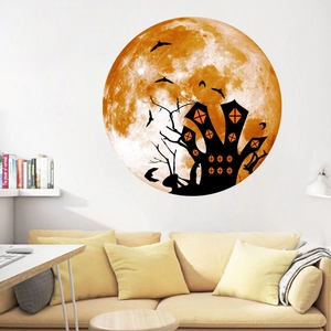 Sticker mural Halloween lumineux avec silhouette de pleine lune, chauves-souris et château