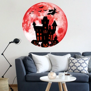 Luminous Halloween wall sticker featuring a red moon, spooky castle, and witch silhouettes
