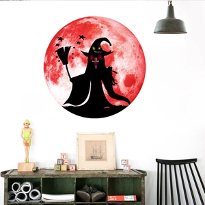 Luminous Halloween wall sticker featuring black witch silhouette against a large red full moon