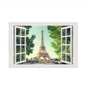 Detailed view of a 3D window wall sticker showing Paris Eiffel Tower landscape (56x86cm)