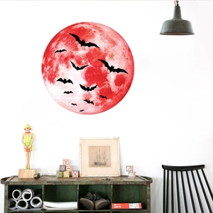 Luminous Halloween wall sticker featuring a red moon and black bats silhouette decor