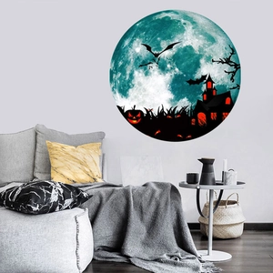 Luminous Halloween moon wall sticker with castle and bats silhouette over a modern bedroom