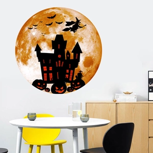 Halloween luminous moon wall decal with castle, witch, bats and pumpkin decorations