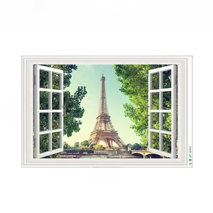 Detailed view of a 3D Paris Eiffel Tower wall sticker with a 90x60cm window view design