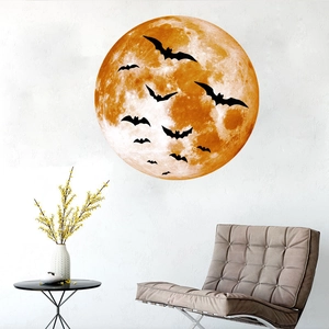 Luminous Halloween wall sticker featuring a realistic orange moon with black bat silhouettes