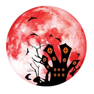 Sticker mural Halloween avec lune rouge, chauves-souris et silhouette de château hanté