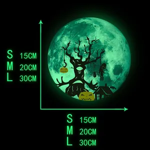 Luminous Halloween wall sticker size guide showing 15cm, 20cm, and 30cm diameters