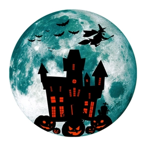 Round luminous Halloween wall sticker with castle, witch, bats, and glowing pumpkins