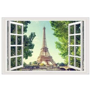 Macro view of 3D window wall decal showing Eiffel Tower and green trees view