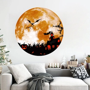 Luminous Halloween full moon wall sticker with bat and castle silhouettes for decor