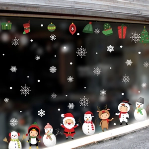 Christmas window static stickers featuring Santa Claus, snowmen, and white snowflakes