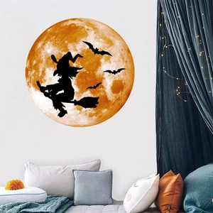 Luminous Halloween wall sticker featuring a witch silhouette over a textured orange moon