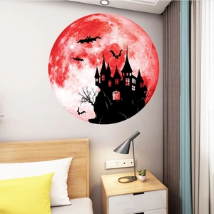 Luminous red moon wall sticker with black castle and bats for Halloween home decoration