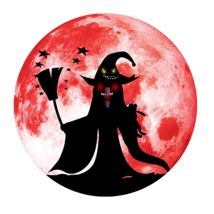 Close-up of Halloween wall sticker featuring a witch silhouette and glowing red moon