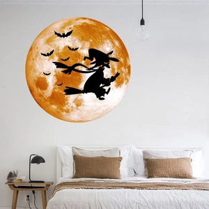 Halloween wall sticker featuring a large orange moon with a flying witch and bat silhouettes